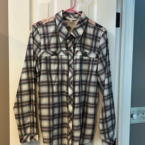 Cabi pink and blue plaid blouse size large